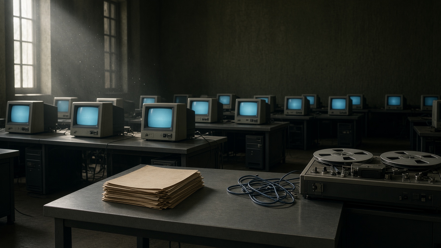 Archive hall of CRT monitors glowing dusty cyan