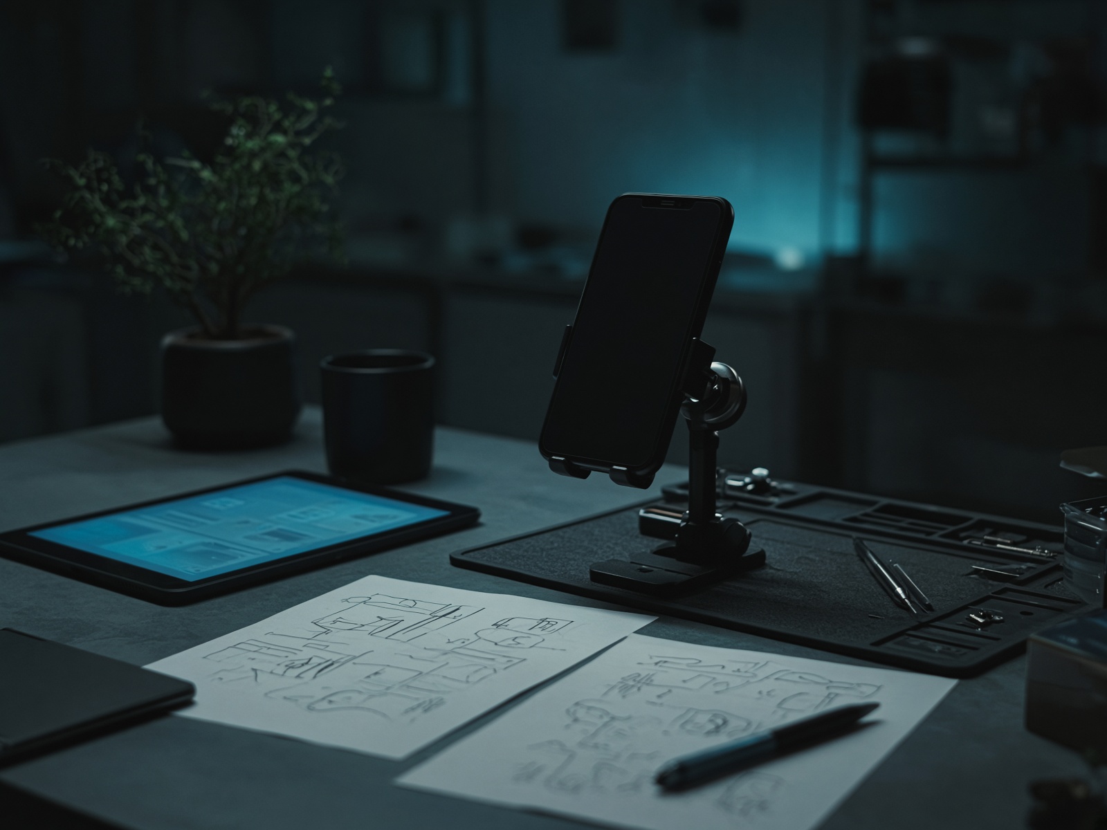 Night product lab desk with a phone stand and sketches