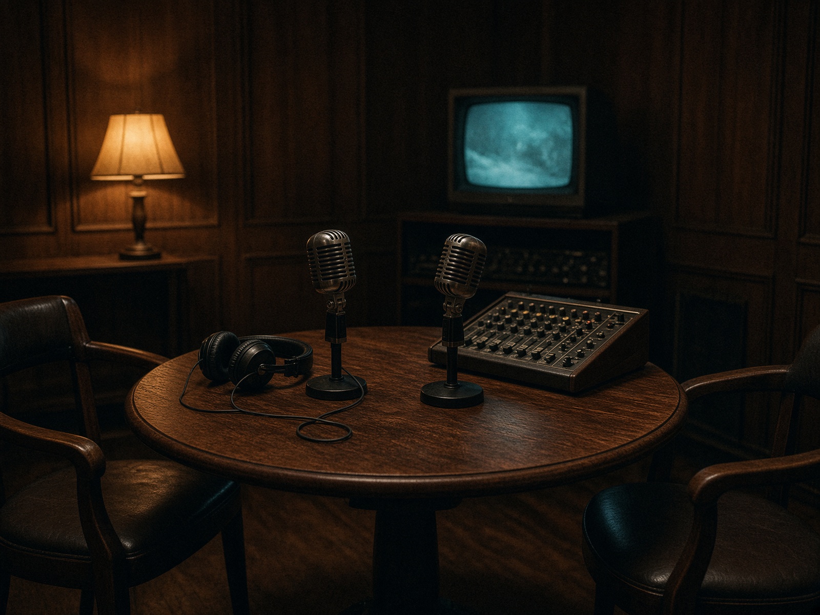 Intimate radio room with two microphones and a warm lamp