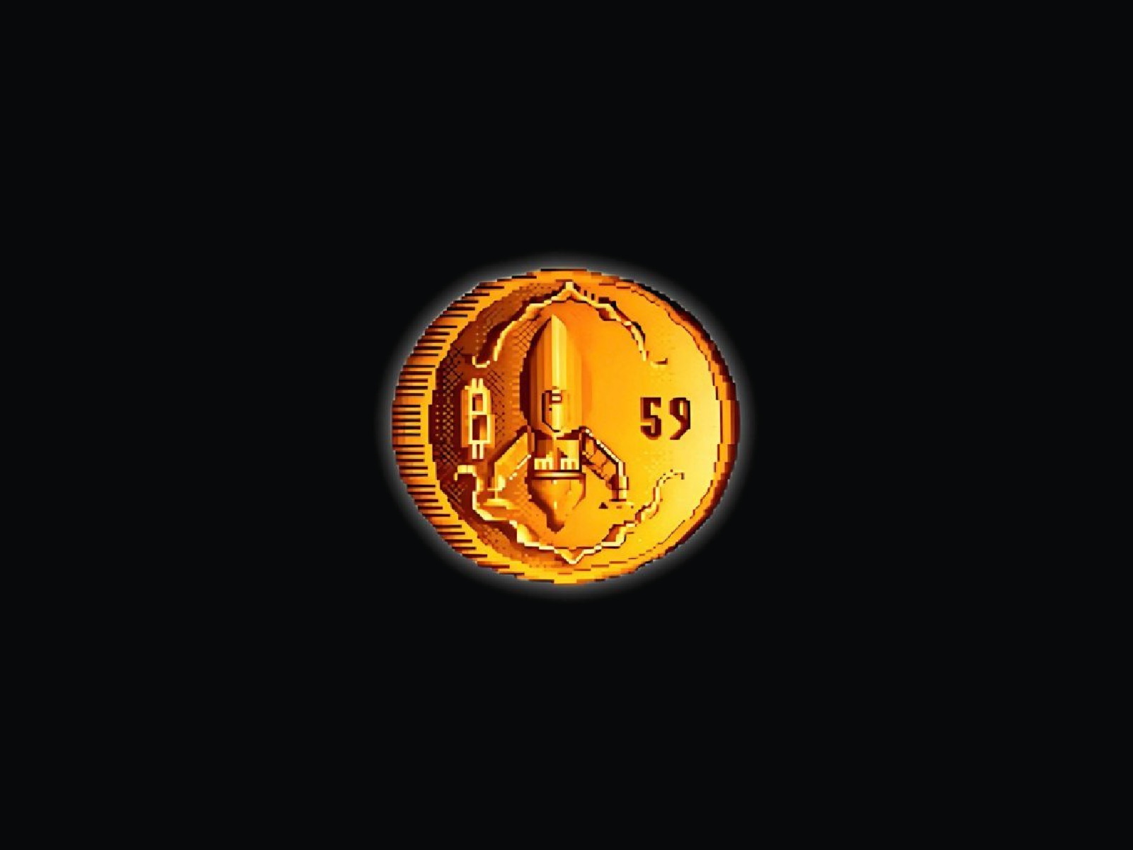 Gold Buckazoids coin with a rocket, a Bitcoin mark, and the number 59